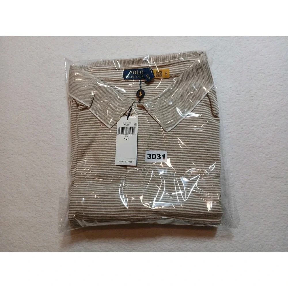 NWT Polo Ralph Lauren Shirt Mens 4LT Big & Tall Beige White Stretch Stripe Polo
